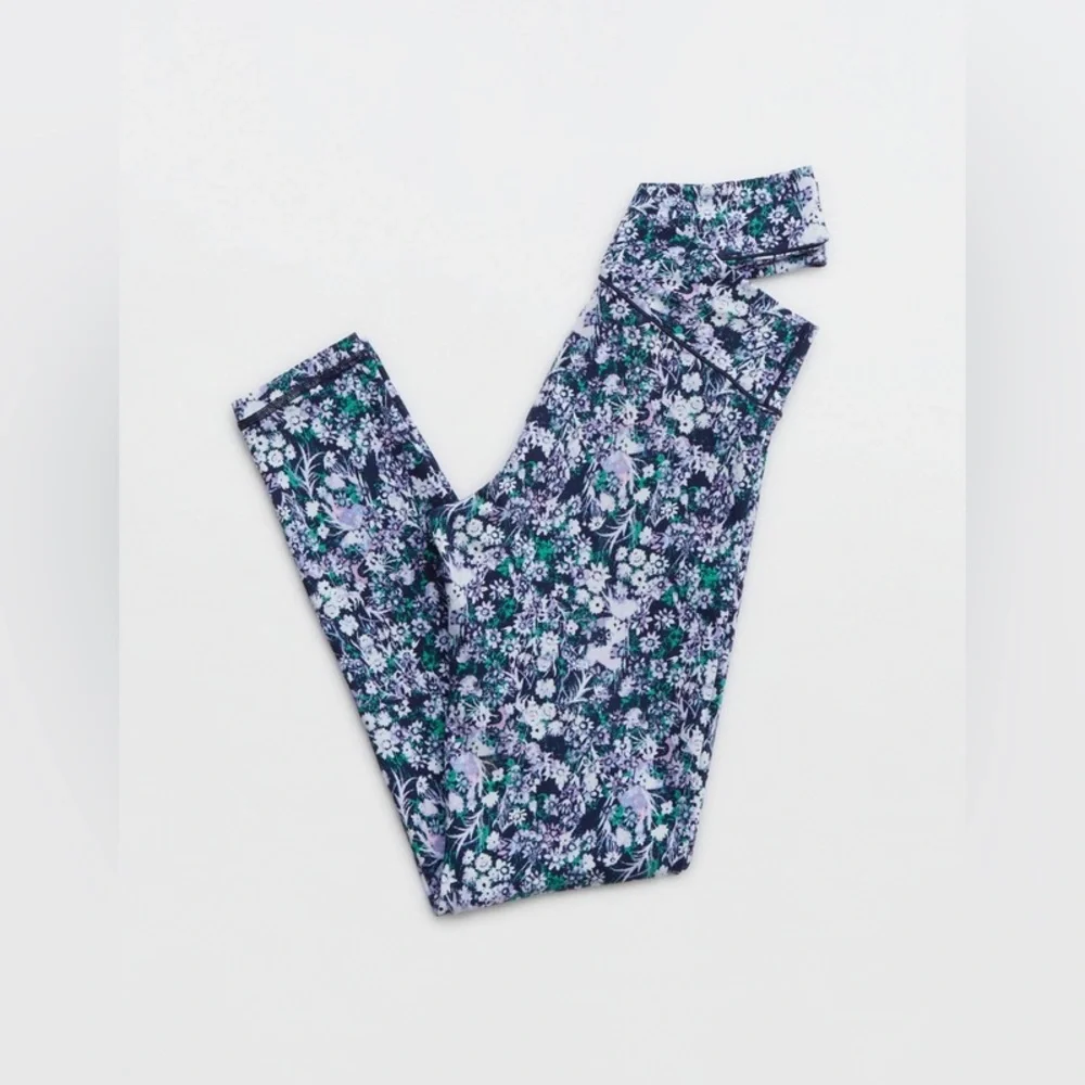 AERIE Criss Cross V Band Blue & Green Floral Stretch Spandex Leggings Pants Sz M - Picture 5 of 13